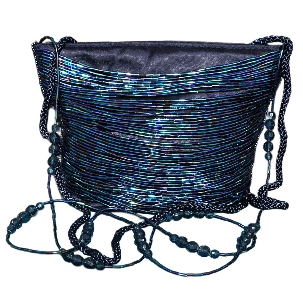 90’s SASHA BEADED Iridescent Navy Shoulder Bag Braided Strap New never used